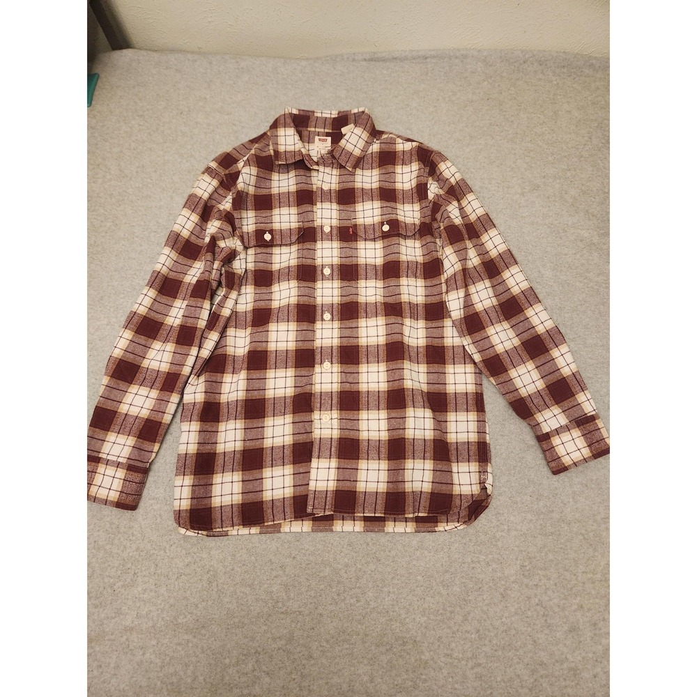 Levis‎ Flannel Shirt Mens Medium Maroon Plaid Long Sleeve Button Front Relaxed